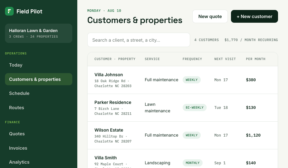 Lawn care CRM: customer and property list with service, frequency, next visit and monthly value