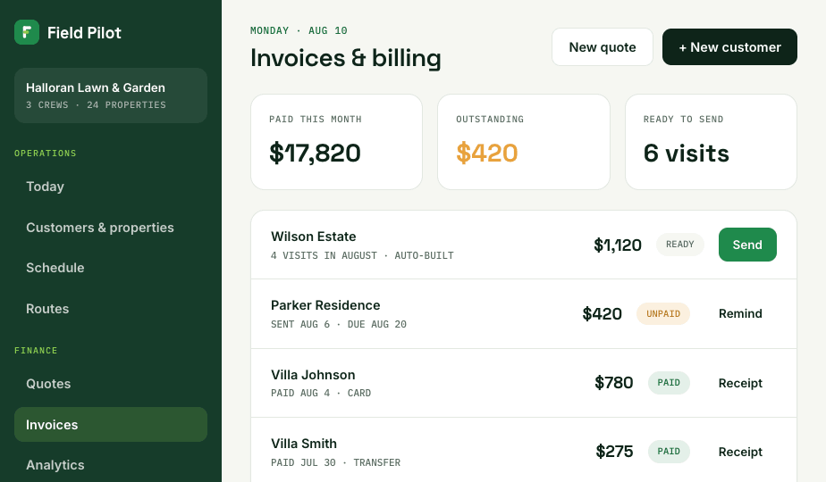 Lawn care invoicing software: paid, outstanding and ready-to-send invoices built from completed visits