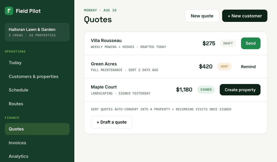 Lawn care estimate software: quotes drafted, sent for e-signature and signed
